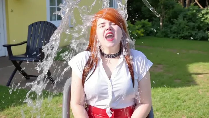 In the back garden of a European house, a beautiful young 18-year-old girl sits on a dark wood folding chair.  She has long red hair and is wearing a white button-up shirt with small white buttons that is tied up, a short, flared red skater skirt, black st...