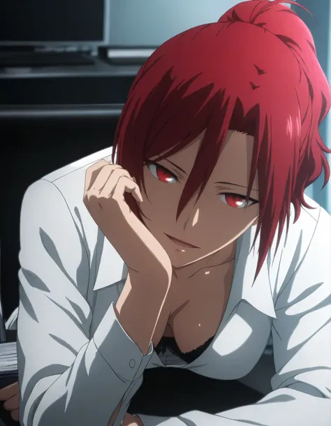 <lora:KnK_aozaki_toukoXLIllustrious001>,
masterpiece,best quality,good quality,newest,
office, dark grat,
light smile, light open mouth,
looking at viewer,
solo,
anime coloring,
aozaki_touko\(kara_no_kyoukai\),1girl,red hair,ponytail,red eyes,
medium breas...