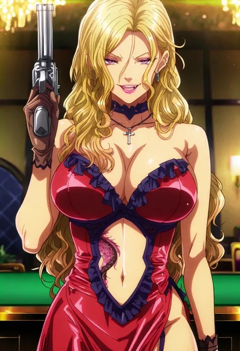 ((masterpiece)),(((best quality))),((ultra-detailed)),((illustration)),((disheveled hair)),((frills)),(1 girl),(solo), Rui \( Okusama no Kaifuku Jutsu\), blonde hair, long hair, purple eyes, lips, lipstick, makeup,mature,sexy, evil smile,evil grin,mature,s...