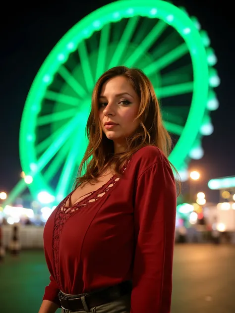 a woman posing at night in front of a large illuminated Ferris wheel glowing in vivid green light, modern urban background, captured from a low-angle perspective emphasizing the dramatic geometry of the Ferris wheel behind her, soft street lighting accentu...