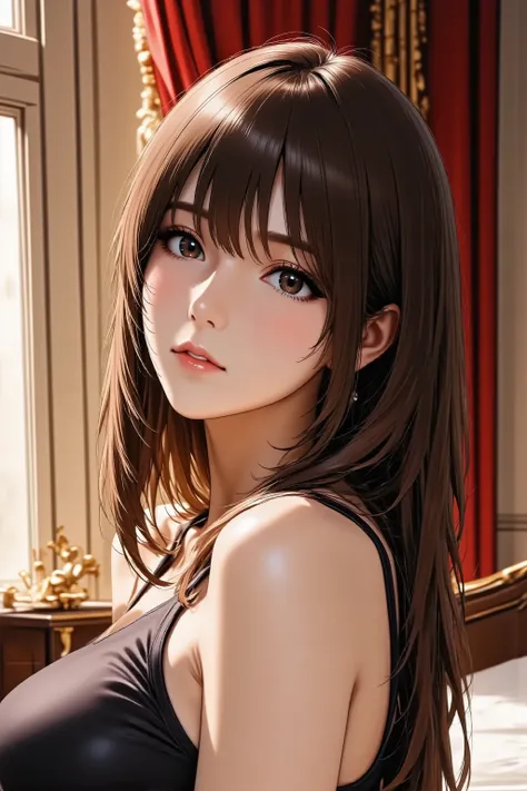 1girl, head back, arched back, long hair, silky straight hair, heavy makeup, red lips, parted lips, facing up, looking at viewer, light smile, from above, from side, slender body, slim waist, full body, glamorous cabaret girl