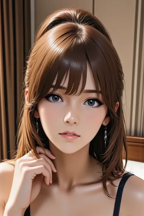 (masterpiece, best quality, ultra-detailed), photorealistic, stunningly beautiful woman, **sultry gaze locked on viewer**, **one shoulder exposed, delicate hand touching her neck**, **slightly parted lips**, **slinky silk slip dress**, soft glow, deep shad...