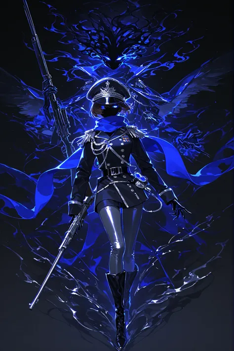 (xxx667_illu,holding rifle,blue cape, blue scarf, unusual head, black mist head, glowing eyes, black skin,) The lady military shooter. She has green glowing eyes. She has short black-brown hair with a wolfcut.  She is wearing a silver-gray military bodysui...