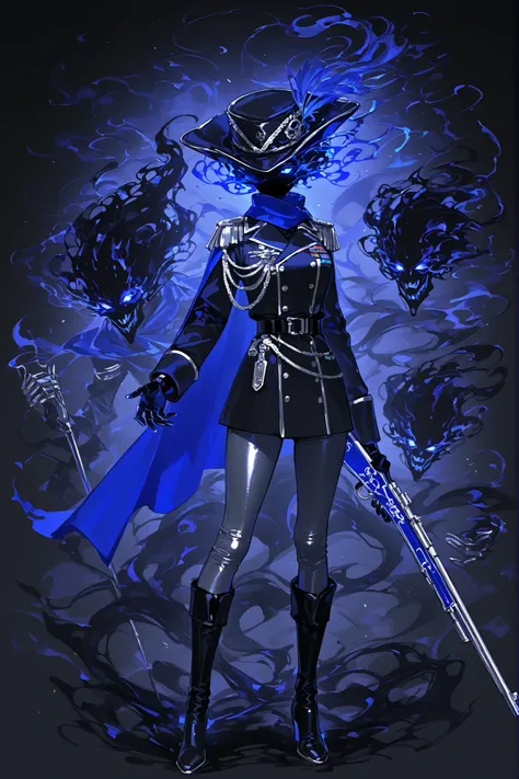 (xxx667_illu,holding rifle,blue cape, blue scarf, unusual head, black mist head, glowing eyes, black skin,) The lady military shooter. She has green glowing eyes. She has short black-brown hair with a wolfcut.  She is wearing a silver-gray military bodysui...