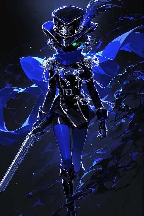 The lady military shooter. She has black skin and black mist creepy face. She has green glowing eyes. She has short black-brown hair with a wolfcut.  She is wearing a silver-gray military bodysuit: with a long-sleeved blue bolero with  orders and medals wi...