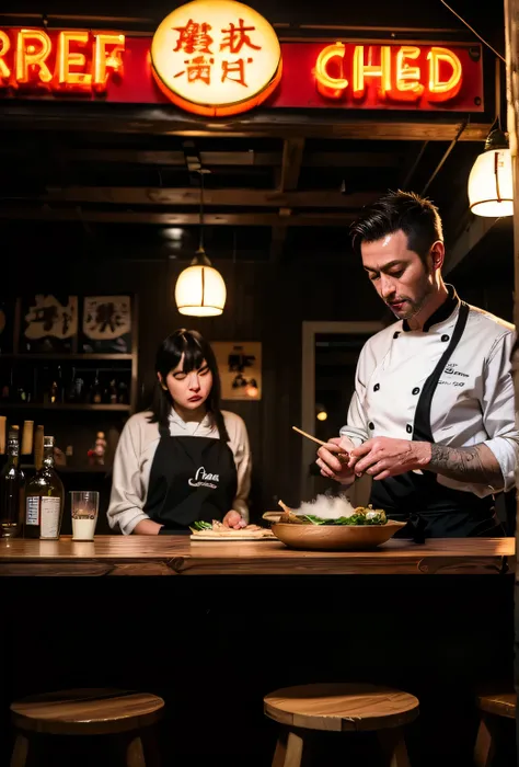 late night ramen shop, detailed street scene, dim lit alleyway, steam rising from ramen bowls, wooden stools, hanging lanterns, neon shop sign, chef preparing food, detailed facial features, japanese atmosphere, professional photography, 8k, hyperrealistic...
