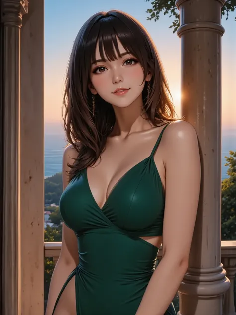 Standing full body shot of a graceful East Asian woman with a mysterious aura, featuring long black hair with natural waves and brown eyes, smiling confidently at the viewer. She is wearing a low-cut, form-fitting evening gown in deep emerald green with a ...