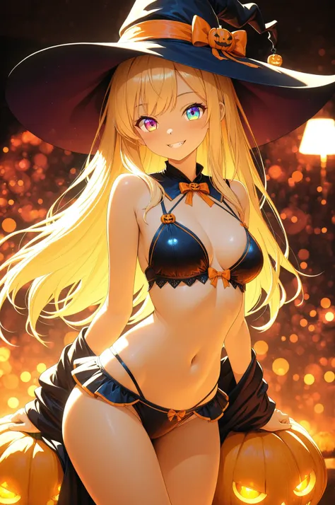 Witch bikini style, Halloween style ,High Quality,4K,8K,Ultra High Definition,Masterpiece, bright smiles, beautiful rainbow eyes , ultra-fine depiction,anime style,Anime Beautiful Girl,HDR,UHD,Studio Lighting,super delicate paint,sharp focus,physical base...