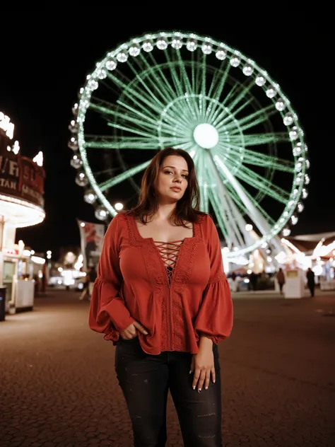 mid-frame shot of a woman from knees up, standing before a large green-lit Ferris wheel at night, urban amusement park background with scattered lights, natural pose and expression, warm street illumination shaping her figure, detailed textures on her red ...