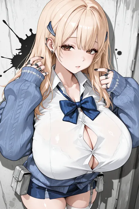 tiadef, brown eyes, blonde hair, long hair, hair ornament, ear piercing, huge breasts, white shirt, cleavage, button gap, blue bowtie, blue cardigan, sleeves past wrists, blue skirt, multiple rings, black nails, white thighhighs, hip pouch,,monochromemuse,...