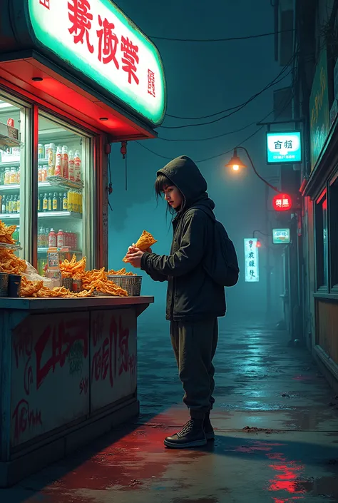  "Hell Convenience Store"
At midnight, a convenience store where figures not meant for daylight line up at the counter.  a manga style drawing of a hell convenience store, detailed facial features, standing pose, serious expression, holding a bag of chips,...