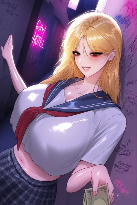 manhwa-artstyle,manhwa, masterpiece, best quality, amazing quality,  1girl, solo, gyaru, blonde hair, corruptR, makeup, eyeshadow, half-closed eyes, empty eyes, shiny skin, shiny clothes, parted lips, 1girl, beautiful face, detailed eyes, slim body, mature...