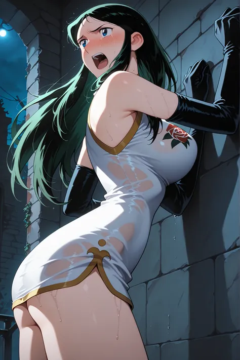 long hair,, Silver Bells , 1girl, solo, Black Elbow Gloves, long hair, , dark green hair,, cowboy shot, blue eyes, , white china dress, Around town, sleeveless, Bare Shoulders, ,mini dress ,big boobs, sidemap, look back, Brick Wall,night,Ruinsの路地裏, master...