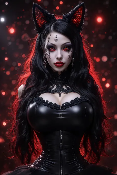 Masterpiece, best quality, framed by glossy bold lips, Extremely Beautiful face:1,8, black-red makeup heavy eyelashes , black smoky eyeshadow,  a captivating Goth-character with extremely long neon black-Red hair and striking crimson eyes, gazing directly ...
