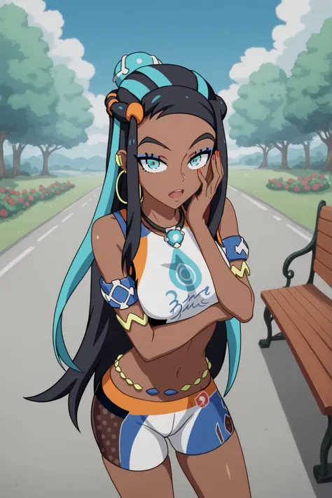 armlet, bare arms, belly chain, bike shorts, bikini, crop top, earrings, gloves, half gloves, hoop earrings, jewelry, midriff, navel, necklace, short shorts, shorts, swimsuit, tankini,,nessa, nessa (pokemon), aqua eyes, eyeshadow, dark skin, dark-skinned f...