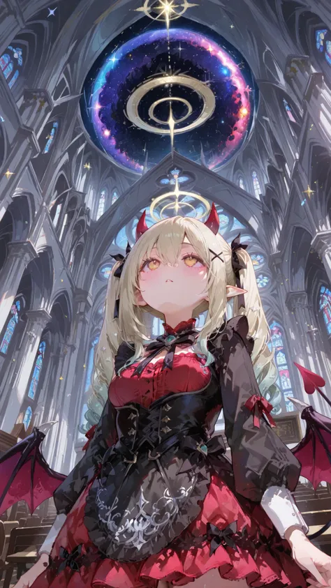 church,small marble filled with galaxies,looking up from below,cute succubus twin girls,the daughter on the left is a red dress,The daughter on the right is black dress