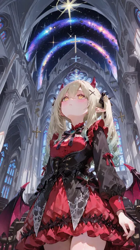 church,small marble filled with galaxies,looking up from below,cute succubus twin girls,the daughter on the left is a red dress,The daughter on the right is black dress