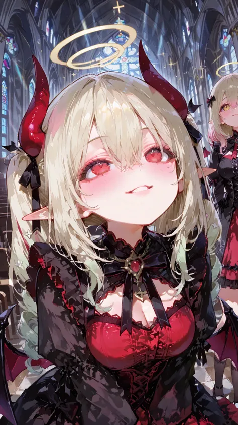 church,See a cute succubus girl from a little above,twin girls,the daughter on the left is a red dress,The daughter on the right is black dress,look up here,Gentle smile