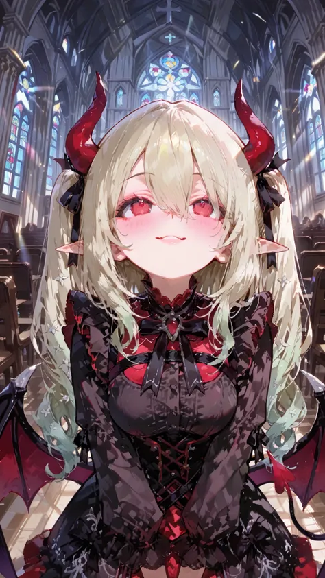 church,See a cute succubus girl from a little above,twin girls,the daughter on the left is a red dress,The daughter on the right is black dress,look up here,Gentle smile