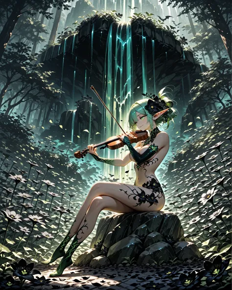 side angle, extreme close-up, (masterpiece, 4k, ultra-detailed, vivid colors, professional photography, cinematic angle), {1woman}: (a beautiful and attractive woman, with short green hair adorned with many black flowers, her hair is in a very beautiful ha...