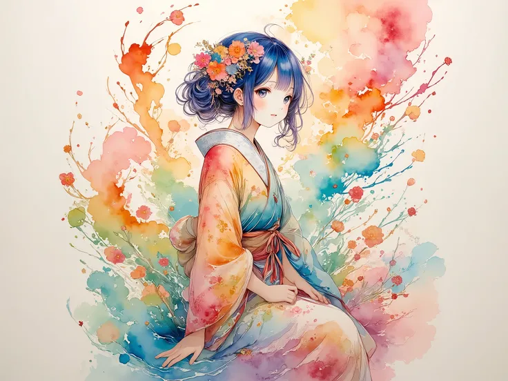 full shot,A quiet woman wearing a traditional Japanese kimono studded with colorful colors, orange on the back,Pink, blue and green blur, flower pattern and furuncle decorated with gold thread,Golden silk band,Crimson hair floating in the wind,
She is surr...