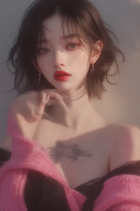 (cover of a fashion Magazine:1.2),(1 slim beautiful (punk girl),punk_make,small breasts,short hair,symmetry slope eyes),(pink and black off shoulder knit),(bellybutton),(tattoos),BREAK,RAW photo,8k,Realistic photo style,Photorealism, Realistic, surreal,Bes...