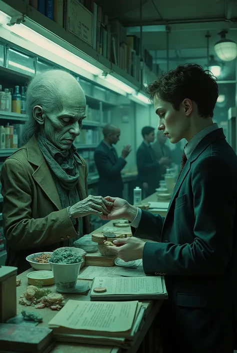 The Last Customer." Close-up on a cashier on the night shift. His hand is trembling as he gives out change. In front of him is a being whose outlines blur and double, as in a summer haze; it is dressed in a worn-out suit that smells of ozone and old books....