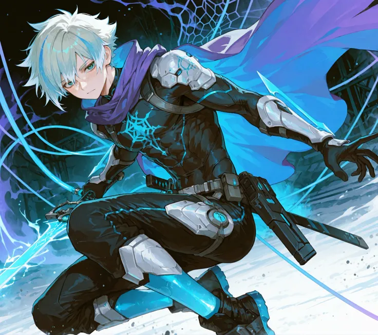 
1boy focus,  . young SKINNY  LEGS, boy toned  freckles 15 year old boy who is lean muscular body big manly chest , 

Hair: Fluffy, slightly spiked, neon-blue streaks fading into white tips.

Outfit: Futuristic ninja aesthetic with ethereal touches: flowin...