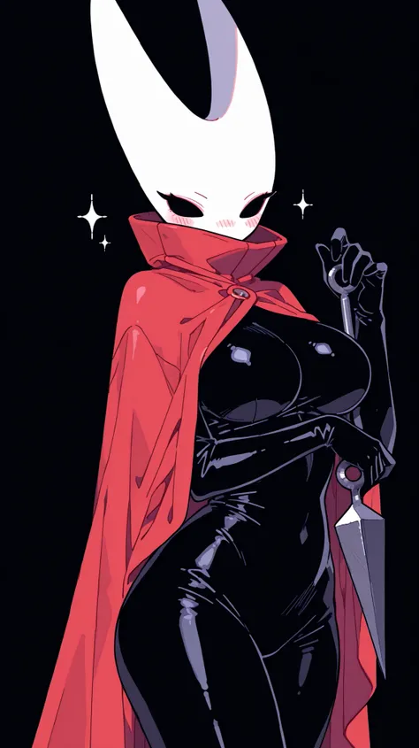 8k wallpaper , Flatline, Flat vector illustration,、 best quality 、Masterpiece、 748cm style 、large breast , cute face, beautiful,Female 1 person,1 girl , solo, hornet \(hollow knight\),black bodysuit,red cape,mask ,、black and white Background 、 simple ...