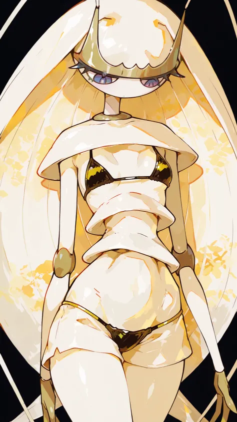 ((Pheromosa from Pokemon)), White Body, BAR Background,small Breasts, Wide Hips, Thin Waist, Very Thin Waist, ((Wasp Waist)), Solo, Aerial View, vibrant colors, cel shading, Simplistic Art Style, solo,black Micro bikini ,