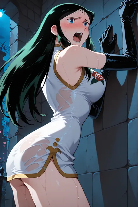 long hair,, Silver Bells , 1girl, solo, Black Elbow Gloves, long hair, , dark green hair,, cowboy shot, blue eyes, , white china dress, Around town, sleeveless, Bare Shoulders, ,mini dress ,big boobs, sidemap, look back, Brick Wall,night,Ruinsの路地裏, master...