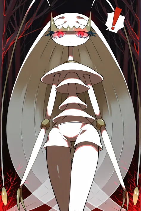((Pheromosa from Pokemon)), White Body, misty forest Background,Wide Hips, Thin Waist, Very Thin Waist, ((Wasp Waist)), Solo, vibrant colors, cel shading, Simplistic Art Style, solo, (red single exclamation mark:1.5),(glowing red eyes:1.4),(oyabun),look at...
