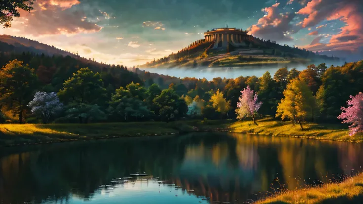 A vivid, stylized fantasy scene of the Garden of Eden, rendered in ultra-high detail with radiant, oversaturated color grading and soft surreal glow. The composition centers on a massive, ancient apple tree with sprawling roots and glistening ruby-red appl...