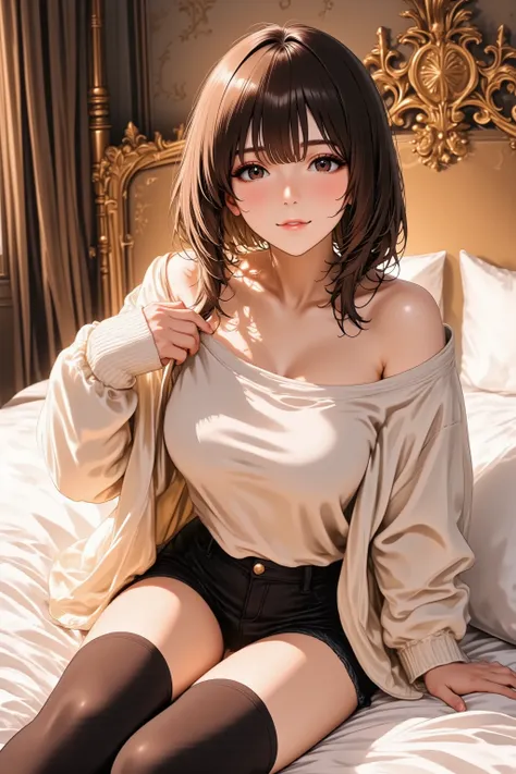 (masterpiece, best quality, highly detailed illustration), anime style, beautiful slender woman, **cute yet sexy expression, slight blush**, **short skirt and oversized sweater, pulling down the shoulder of the sweater**, **thigh-high socks**, **sitting on...