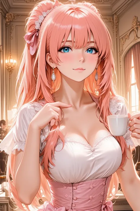 Anime style, waist-up shot, a beautiful anime girl with long, flowing pink hair and sparkling blue eyes. She has a sweet, inviting smile with a slight blush on her cheeks. She is wearing a cute, frilly maid outfit with lace details, holding a small teacup ...