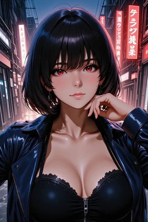 Anime style, upper body portrait, a seductive female assassin with sharp, intelligent red eyes and short, choppy black hair. She has a sly smirk on her face, looking directly at the viewer with a confident gaze. She wears a form-fitting dark leather jacket...