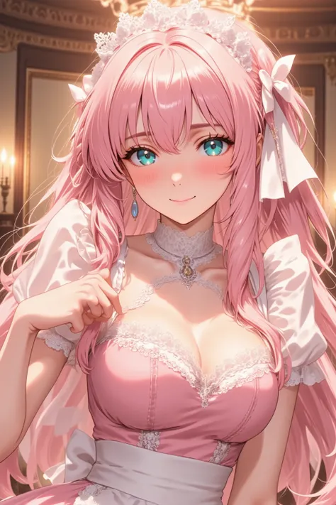 Anime style, waist-up shot, a beautiful anime girl with long, flowing pink hair and sparkling blue eyes. She has a sweet, inviting smile with a slight blush on her cheeks. She is wearing a cute, frilly maid outfit with lace details, holding a small teacup ...
