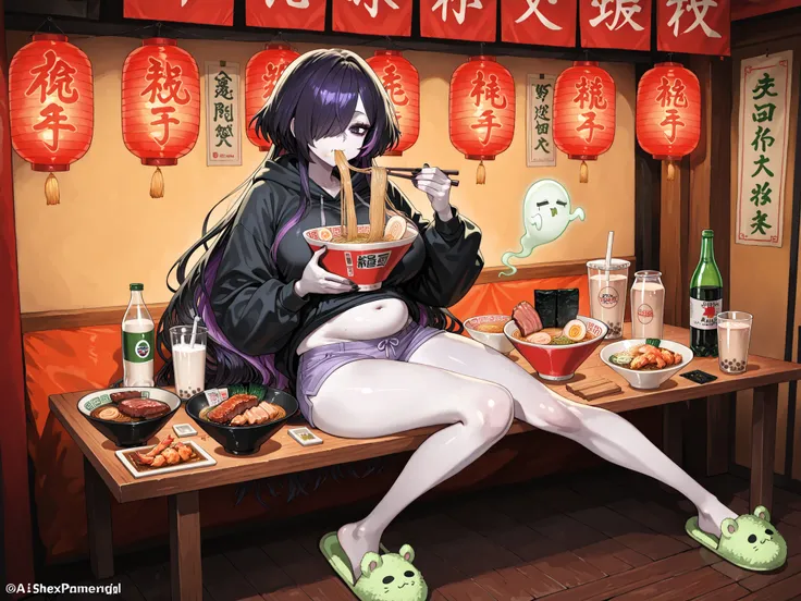 ( ai drawing anime characters eating ramen, ai drawing anime characters eating ramen (meme), ramen, noodles, meme, bowl, eating, restaurant, eating ramen) The gamer girl is a ghost. (her body is transparent and translucent because she is a ghost.) She has ...