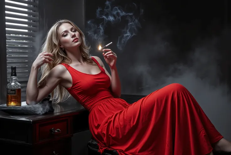 Bnw,A cinematic noir-style scene inspired by Sin City, ultra-realistic. A beautiful woman with wavy blonde hair reclines on a desk in a dark smoky room, wearing a striking red dress — the only vivid color in the frame. She holds a lit cigarette in one hand...