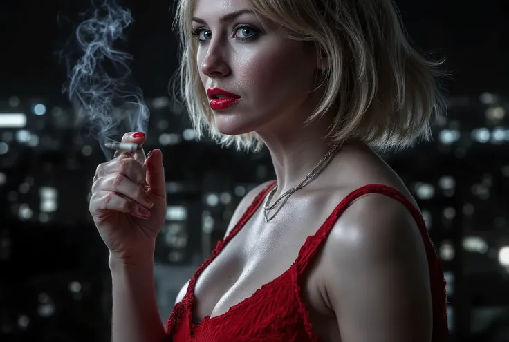A cinematic close-up inspired by Sin City, ultra-realistic noir style. A woman with short blonde hair and pale skin holds a cigarette near her face, looking forward with a cold, intense, and mysterious expression. Her bright red lips and red dress straps a...