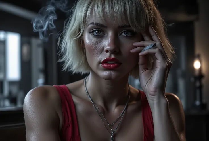 A cinematic close-up inspired by Sin City, ultra-realistic noir style. A woman with short blonde hair and pale skin holds a cigarette near her face, looking forward with a cold, intense, and mysterious expression. Her bright red lips and red dress straps a...