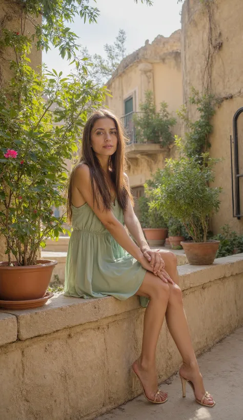 A beautiful brunette woman sitting in a charming Mediterranean courtyard /(on a tuff wall in a ally in Matera, sassi_di_matera)/, wearing a delicate light green dress, her legs elegantly crossed. lens flare, sun rays, The scene is bathed in warm golden sun...