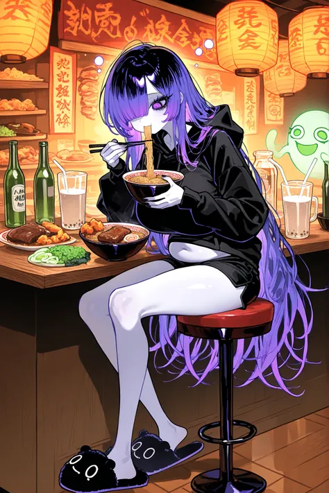 (ai drawing anime characters eating ramen, ai drawing anime characters eating ramen (meme), ramen, noodles, meme, bowl, eating, restaurant,eating ramen) The girl is a ghost. (her body is transparent and translucent because she is a ghost.) She has a mature...