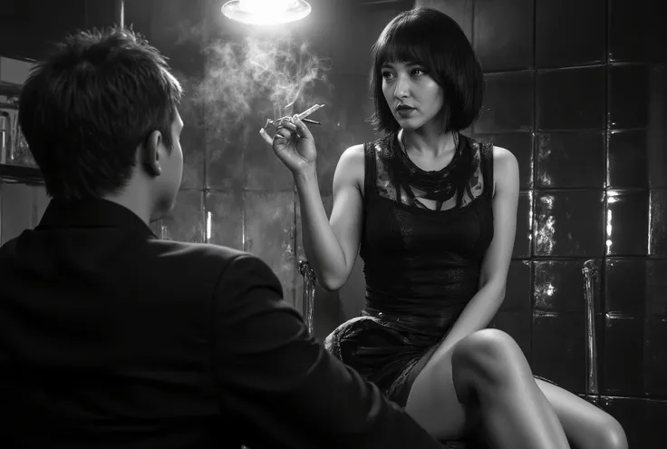 A cinematic noir-style scene inspired by Sin City, ultra-realistic. A woman with short dark hair and pale skin sits in a dimly lit room, holding a cigarette gracefully between her fingers. Her expression is calm, confident, and slightly seductive, as she l...