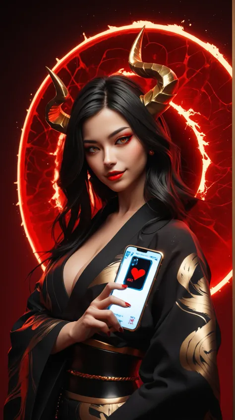 A side-angled view of a smartphone screen, a 3D projection of a Japanese woman in a black and gold kimono with a golden horned dragon emerging from a playing card through an invisible portal, against a red and gold background.