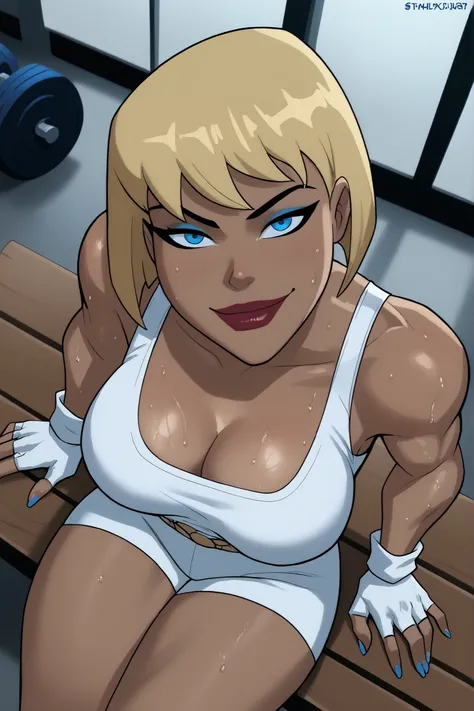 BREAK, score_6_up, score_7_up, score_8_up, score_9, g4l4t3a, 1girl, solo, short hair, bangs, blue eyes, blonde hair, lipstick, makeup, dark skin, dark-skinned female, large breasts, busty, cleavage, curvy, athletic, muscular female, looking at viewer, sedu...