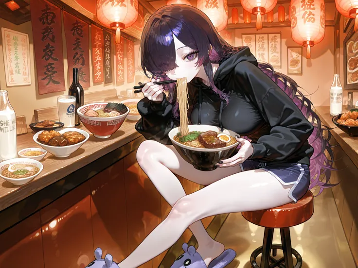 (ai drawing anime characters eating ramen, ai drawing anime characters eating ramen (meme), ramen, noodles, meme, bowl, eating, restaurant,eating ramen) The girl is a ghost. (her body is transparent and translucent because she is a ghost.) She has a mature...