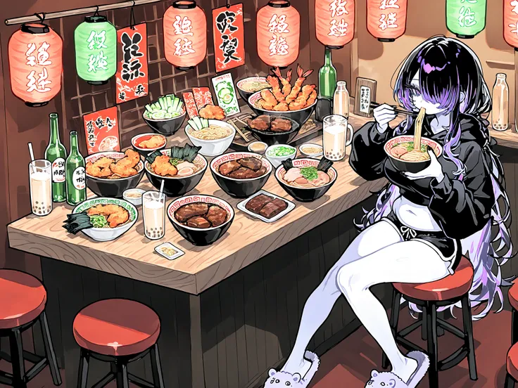 (ai drawing anime characters eating ramen, ai drawing anime characters eating ramen (meme), ramen, noodles, meme, bowl, eating, restaurant,eating ramen) The girl is a ghost. (her body is transparent and translucent because she is a ghost.) She has a mature...