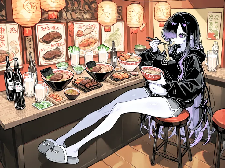 (ai drawing anime characters eating ramen, ai drawing anime characters eating ramen (meme), ramen, noodles, meme, bowl, eating, restaurant,eating ramen) The girl is a ghost. (her body is transparent and translucent because she is a ghost.) She has a mature...