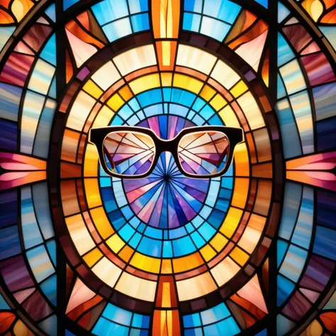 Stained-glass style illustration of a floating ((glasses)), centered in the image, appearing to hover in mid air. The ((glasses)) is intricately drawn in shades of brown, pink, and white, with mosaic-like detail and vivid artistic effect. The background is...